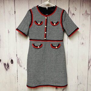 Ayomis Womens Tweed Dress Short Sleeve Lined Zip Snaps Large White Black Red